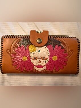 Leather Floral Sugar Skull Wallet - Pink & Brown